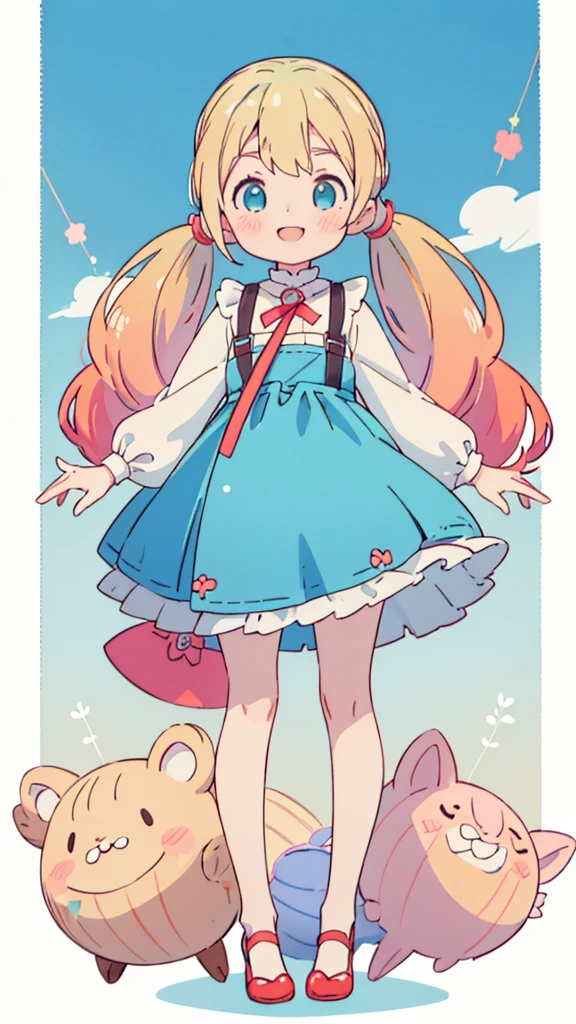 ((masterpiece))((Highest quality))girl、smile、blush、Flat Chest、Are thin、Blonde Hair、blush、Are standing、Whole body image、Eye level to the feet、front、No background、真frontのアングル、Blue clothes、Two-tone red and blue hair、Twin tails、Red Alice outfit