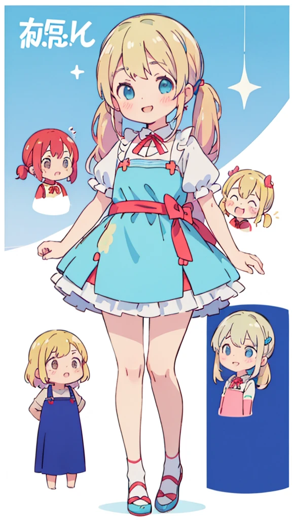 ((masterpiece))((Highest quality))girl、smile、blush、Flat Chest、Are thin、Blonde Hair、blush、Are standing、Whole body image、Eye level to the feet、front、No background、真frontのアングル、Blue clothes、Two-tone red and blue hair、Twin tails、Red Alice outfit