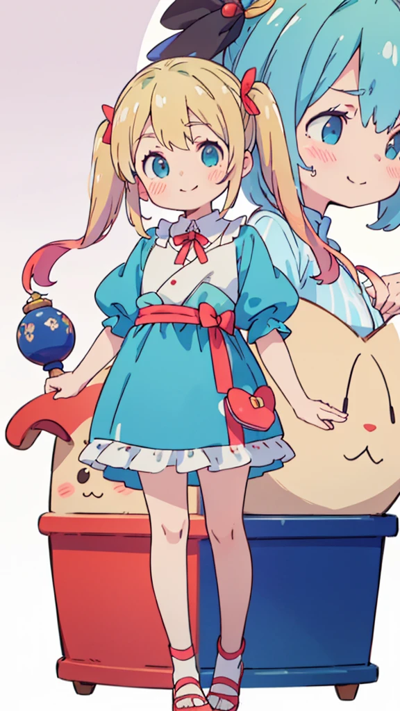 ((masterpiece))((Highest quality))girl、smile、blush、Flat Chest、Are thin、Blonde Hair、blush、Are standing、Whole body image、Eye level to the feet、front、No background、真frontのアングル、Blue clothes、Two-tone red and blue hair、Twin tails、Red Alice outfit