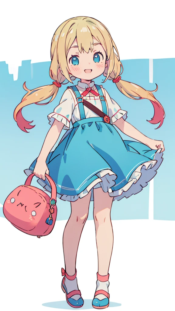 ((masterpiece))((Highest quality))girl、smile、blush、Flat Chest、Are thin、Blonde Hair、blush、Are standing、Whole body image、Eye level to the feet、front、No background、真frontのアングル、Blue clothes、Two-tone red and blue hair、Twin tails、Red Alice outfit