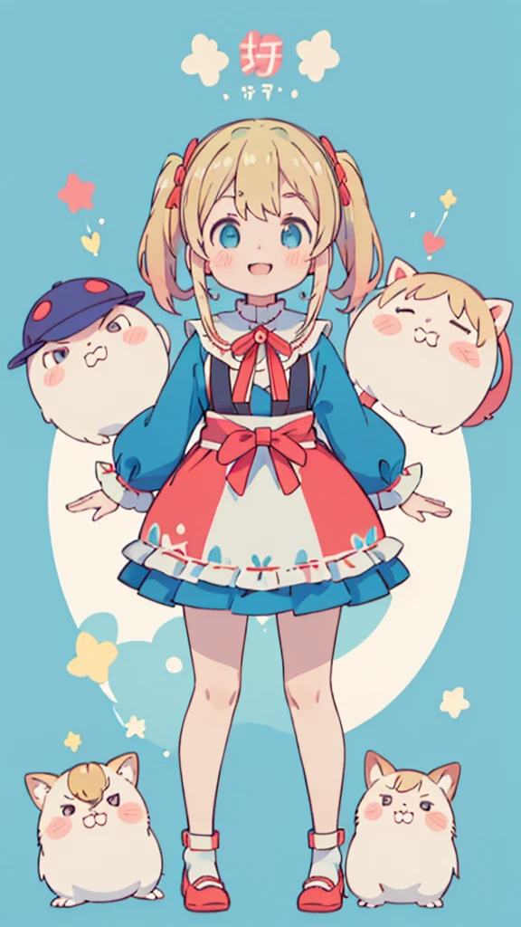 ((masterpiece))((Highest quality))girl、smile、blush、Flat Chest、Are thin、Blonde Hair、blush、Are standing、Whole body image、Eye level to the feet、front、No background、真frontのアングル、Blue clothes、Two-tone red and blue hair、Twin tails、Red Alice outfit