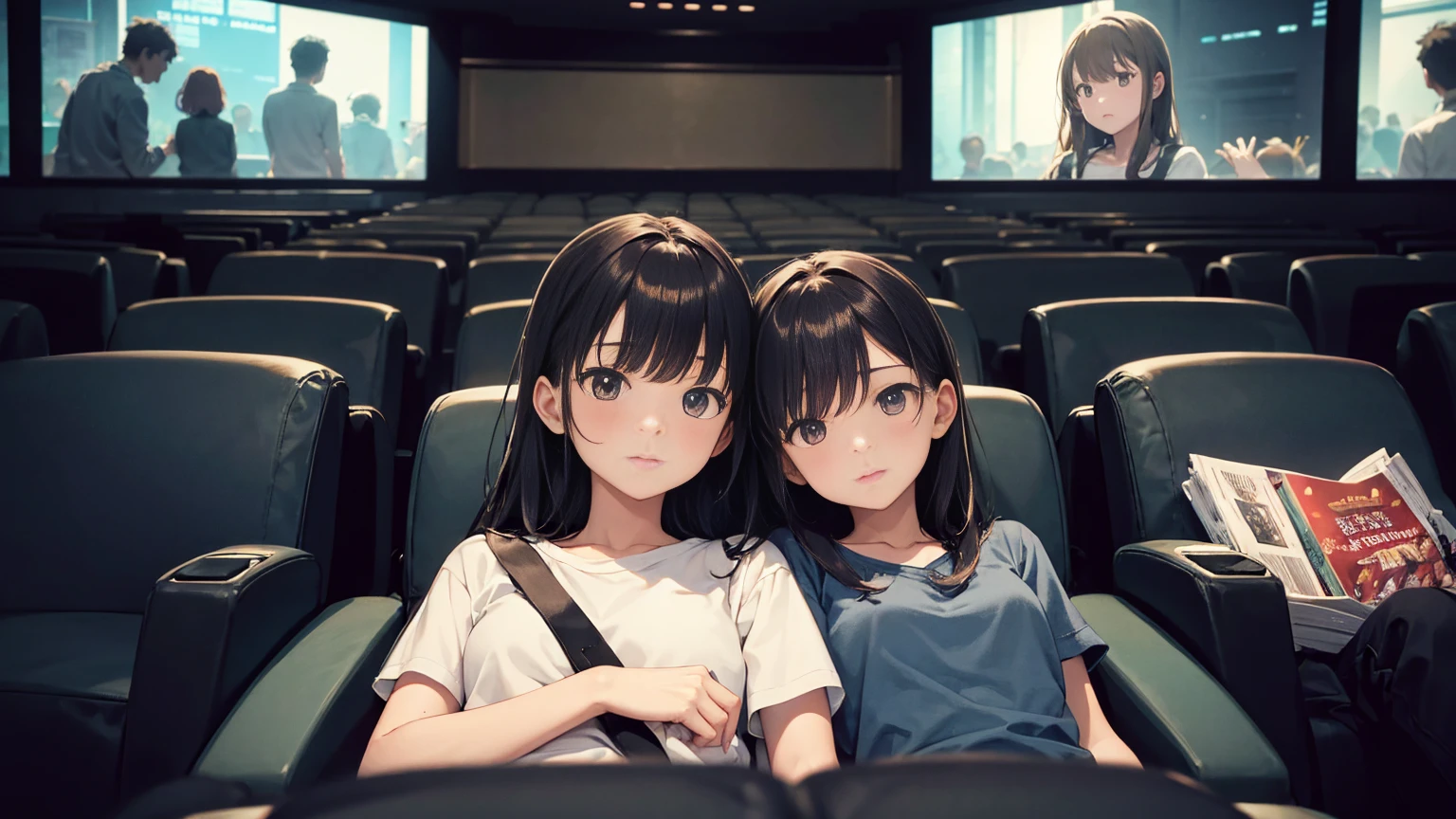 In a dark movie theater、A scene where they are sitting in the back row and watching a movie、The movie of life is playing on the screen