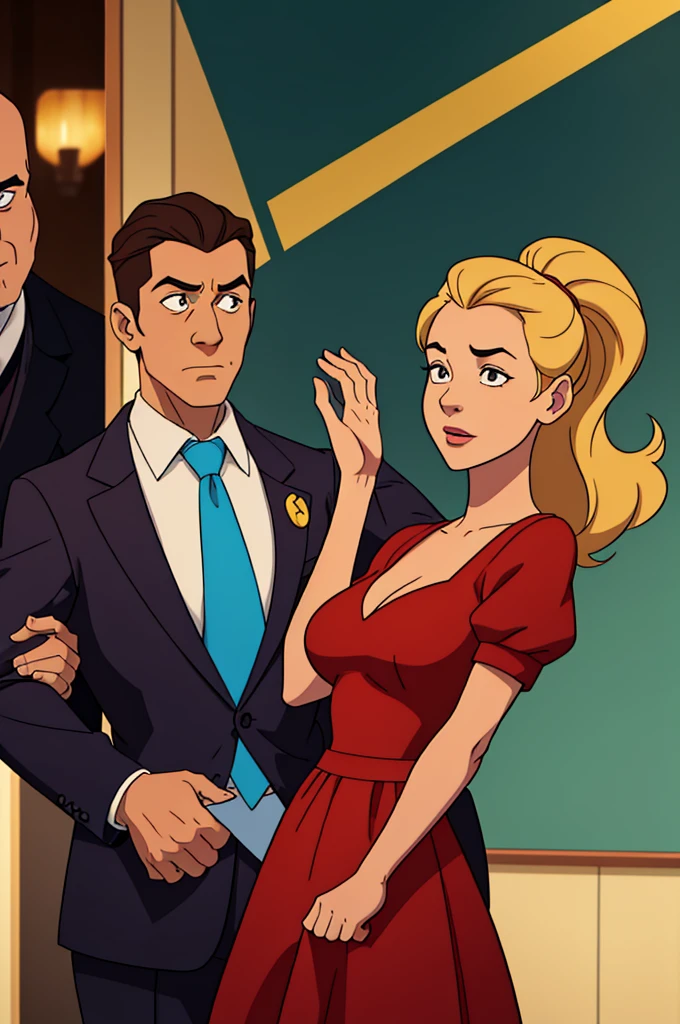 "An illustration of a man and a woman, with the man standing behind the woman and holding her hair. Both characters should be depicted standing, with the woman in front of the man. The style should be a combination of cartoon and caricature, with exaggerated, expressive features. The scene should focus on the interaction between the two characters, with a simple and light background."