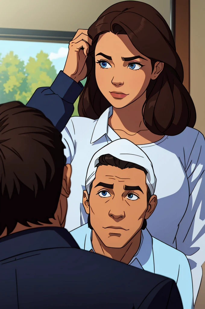 draw a man and a woman, the man is behind her holding her hair

