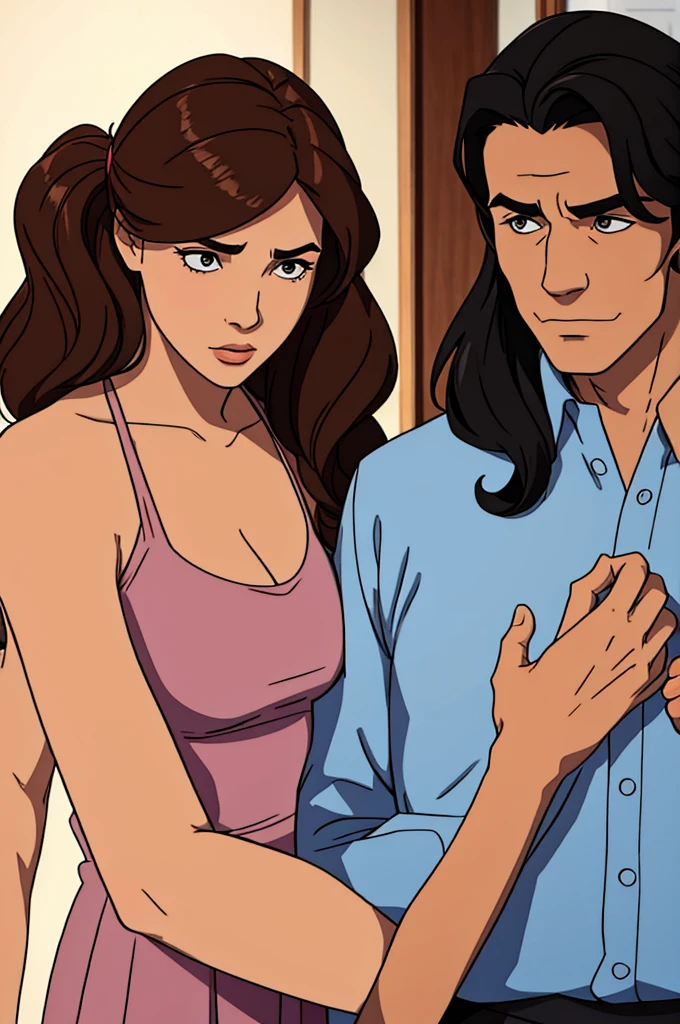 draw a man and a woman, the man is behind her holding her hair

