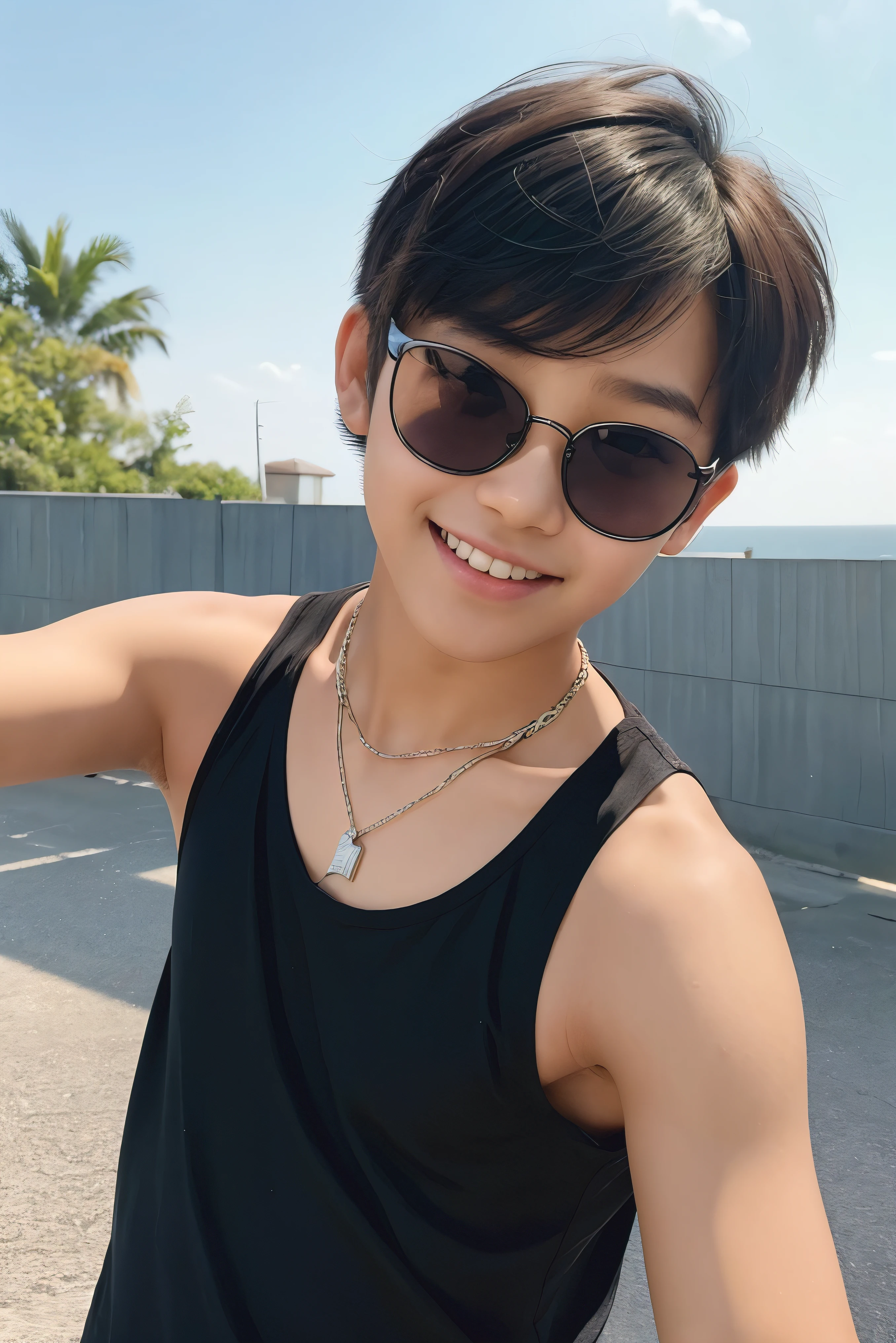 "Generate an image of a charming 13-year-old South Korean girl taking a selfie:

- He has a V-shaped face with plump, rosy cheeks
- His hair is stylishly short boys cut with a spike and frames his face
- A sleek white chain adorns his neck
- His smile is bright and beautiful, with teeth slightly biting his lips
- He wears trendy matt black sunglasses perched on his eyes
- He is wearing a black sleeveless tank top (sando)
- The background is a only clear sky, cloudless sky
- The selfie is taken with a slight tilt, showcasing his playful personality

Create an image that is vibrant, detailed, and captures the boy's energetic and carefree spirit!