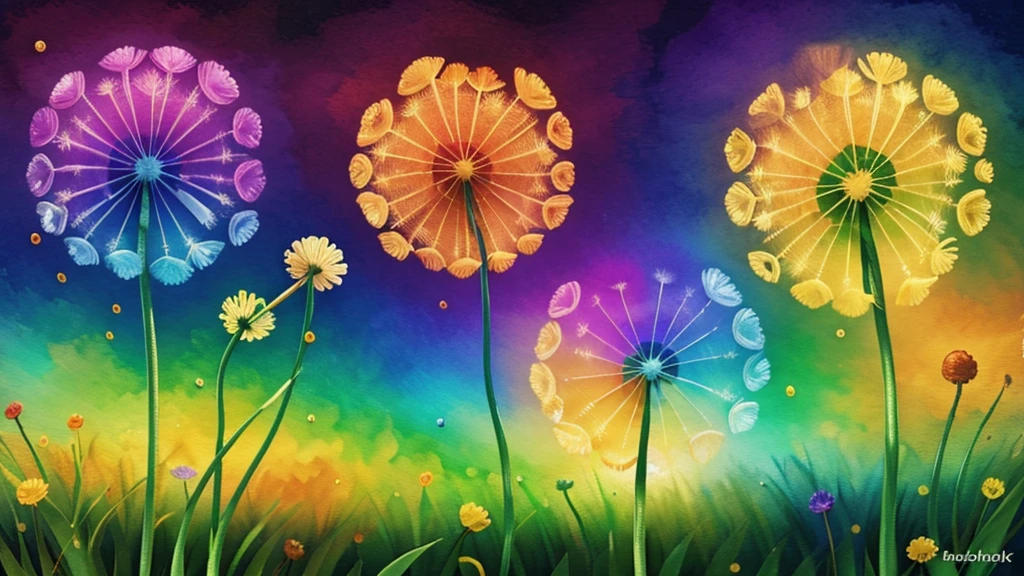 a single dandelion with rainbow colours splashed at the edges with alcohol inks