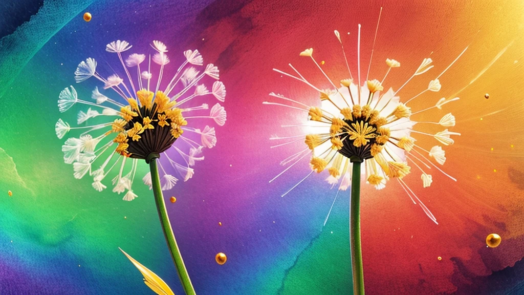 a single dandelion with rainbow colours splashed at the edges with alcohol inks
