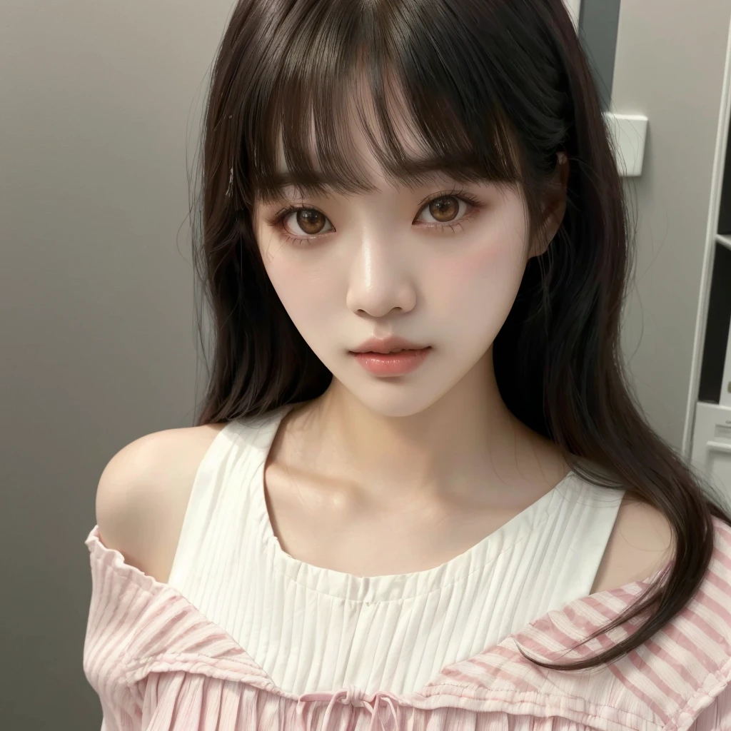 Araffe Asian woman with long hair and pink and white blouse, ulzzang, lalisa manobal, neat hair with bangs, with bangs, young lovely korean face, korean, Linda jovem korean, cute face girl, Jinyoung Shin, with full bangs, Jaeyeon Nam, center-parted bangs, Linda jovem korean