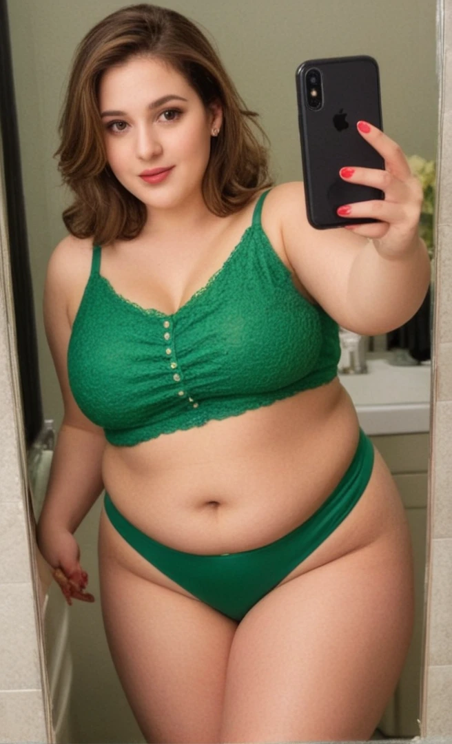 woman taking selfie in green dress in bathroom mirror, she has a jiggly fat round belly, her belly is fat and round, girl fat, obese body, bigger belly, bigger ass, bigger breast, large thighs, wide hips, sexy, sittings, eating hamburgers, hamburguers, , stockings, laboratory, sittings, eating hamburgers, hamburguers, (Masterpiece:1.2), best quality, high resolution, beautifully detailed, extremely detailed, perfect lighting, thicc, thick body, in a dress, she is about 20 years old, beautiful thick female, full body green dress
