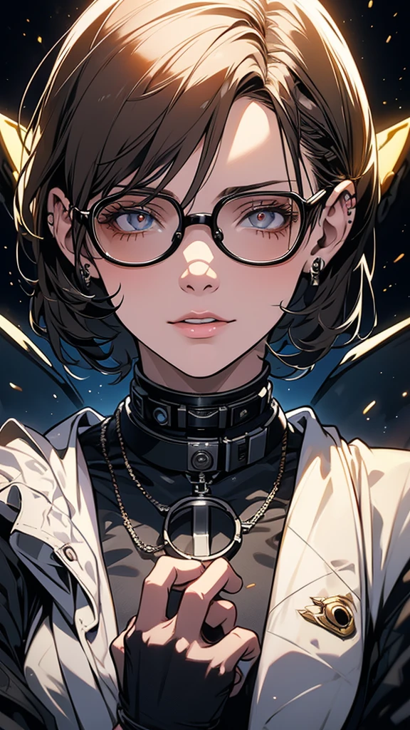 (cyberpunk military scientist:1) (1womanl) dark theme :: concentre-se no rosto closeup, curious face, Rosto de Katee Sackhoff, tall athletic woman futuristic ultra realistic cyberpunk, :: medium brown hair, nerd with futuristic glasses :: inside the cyberpunk office :: eyes browns :: natural lighting :: bokeh :: 8k :: best qualityer :: work of art :: insanely detaileda:1.5