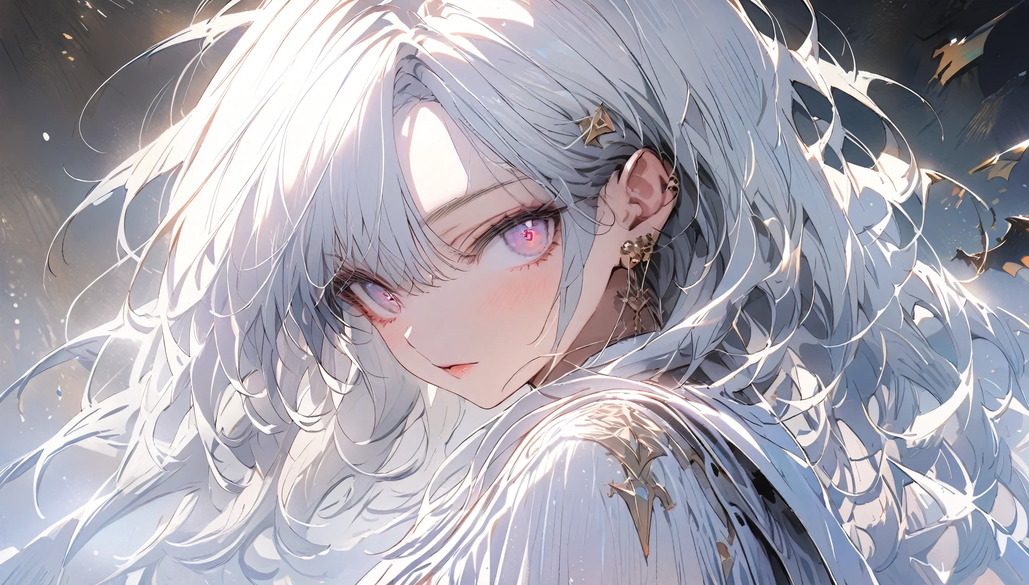 1girl, bangs, long hair, messy hair, gradient_eyes, diamond-shaped pupils, demon girl, royal type shoulder off dress, Conceptual art, masterpiece, super detail, high details, high quality, best quality, highres
