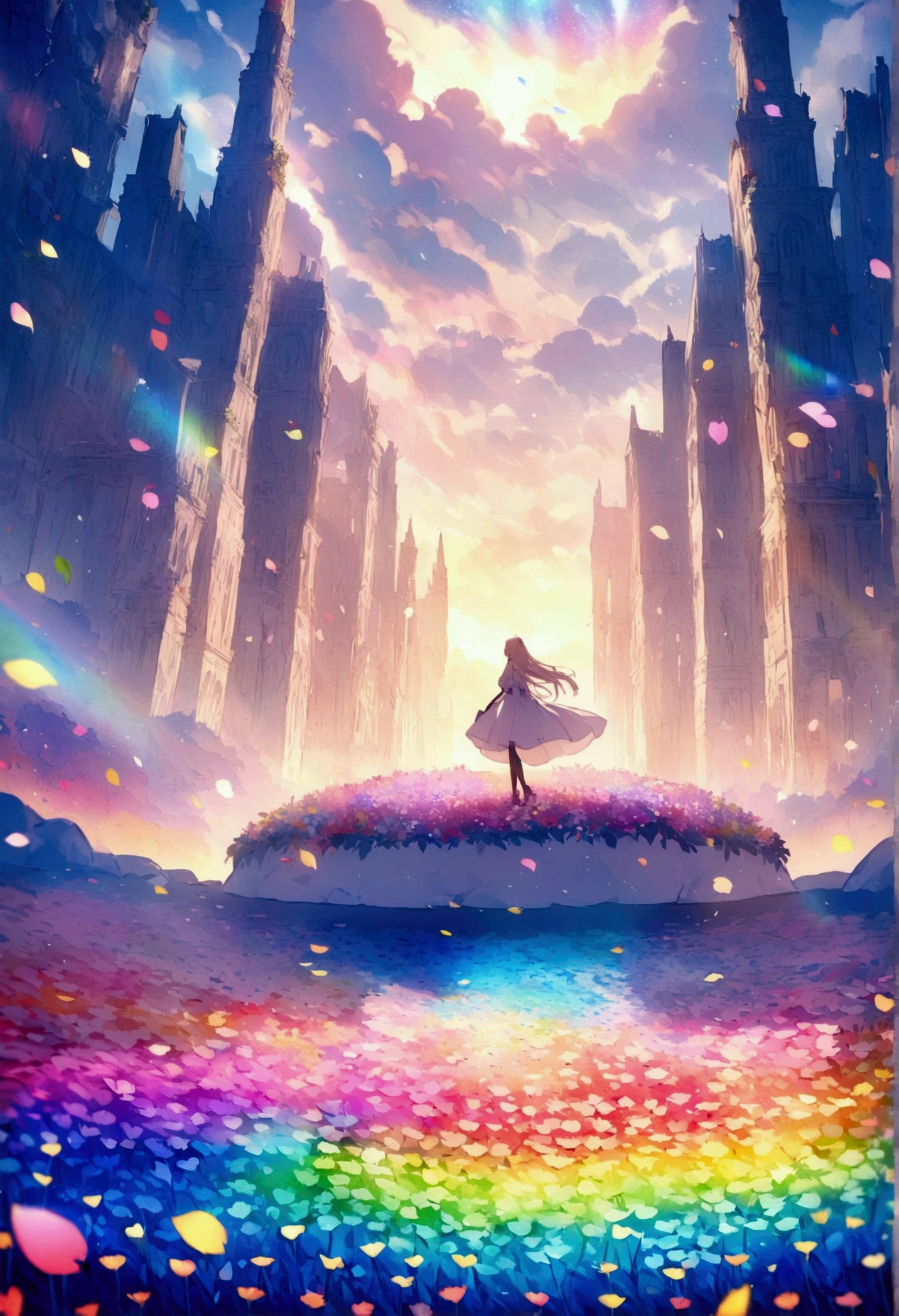 ファイナルファンタジーthe world of, An empty rainbow-colored flower field, Each petal is rainbow colored, Very beautiful scenery, 光the world of, heaven, god々the world of, The most beautiful images, Highest quality, 8k.People are not needed