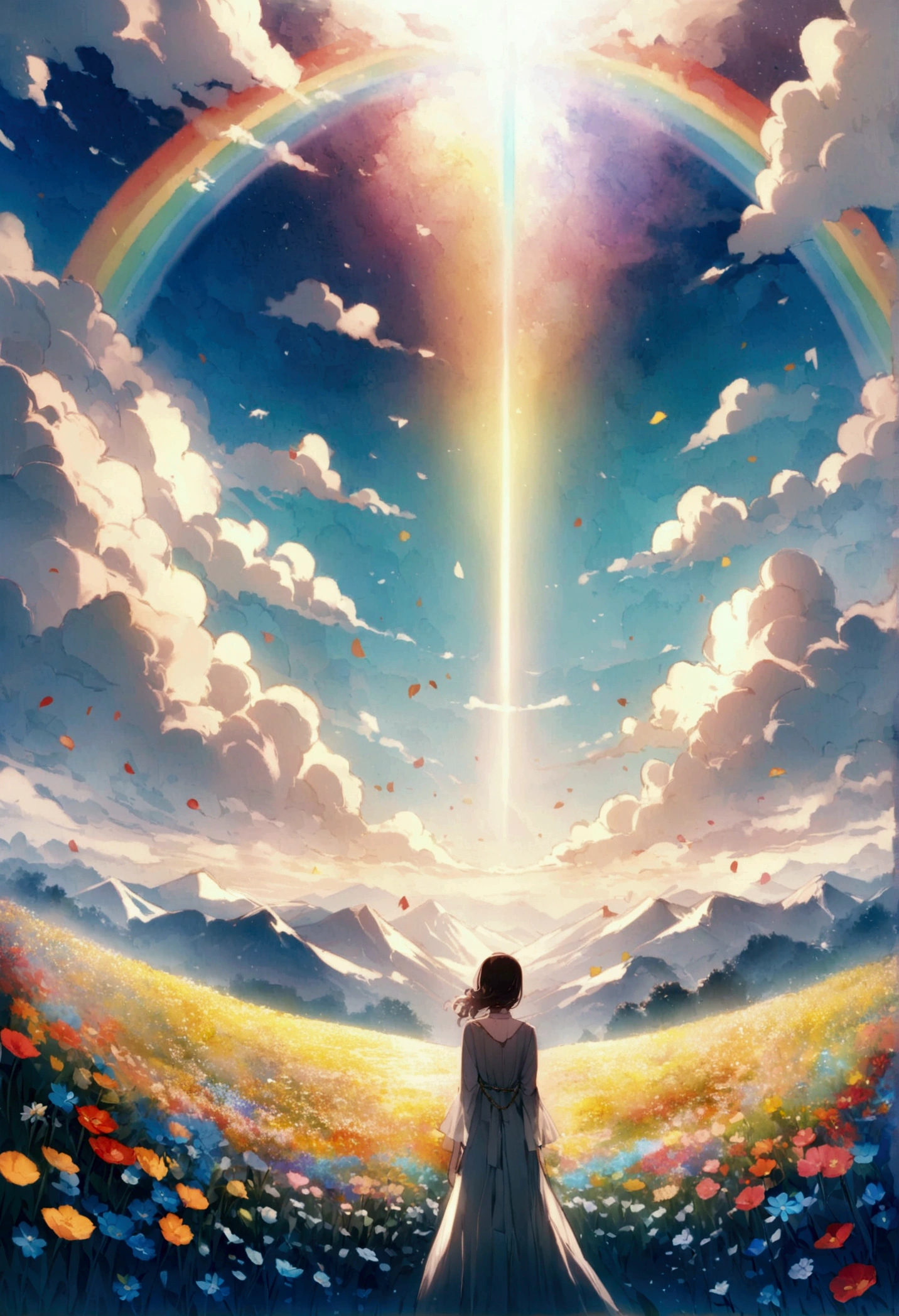 ファイナルファンタジーthe world of, An empty rainbow-colored flower field, Each petal is rainbow colored, Very beautiful scenery, 光the world of, heaven, god々the world of, The most beautiful images, Highest quality, 8k.People are not needed