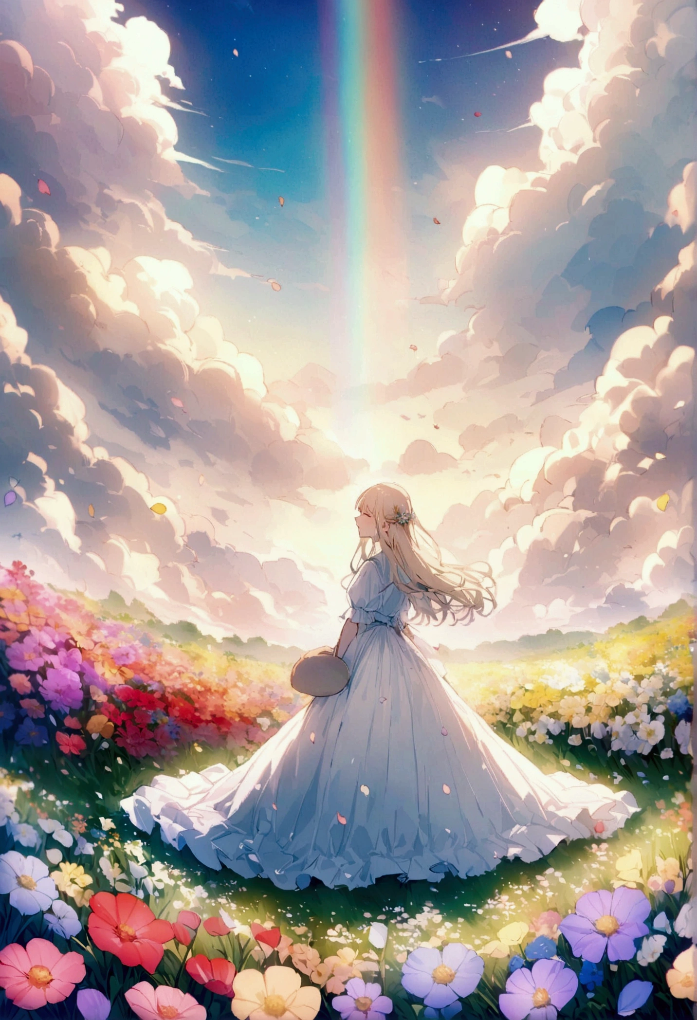 ファイナルファンタジーthe world of, An empty rainbow-colored flower field, Each petal is rainbow colored, Very beautiful scenery, 光the world of, heaven, god々the world of, The most beautiful images, Highest quality, 8k.People are not needed