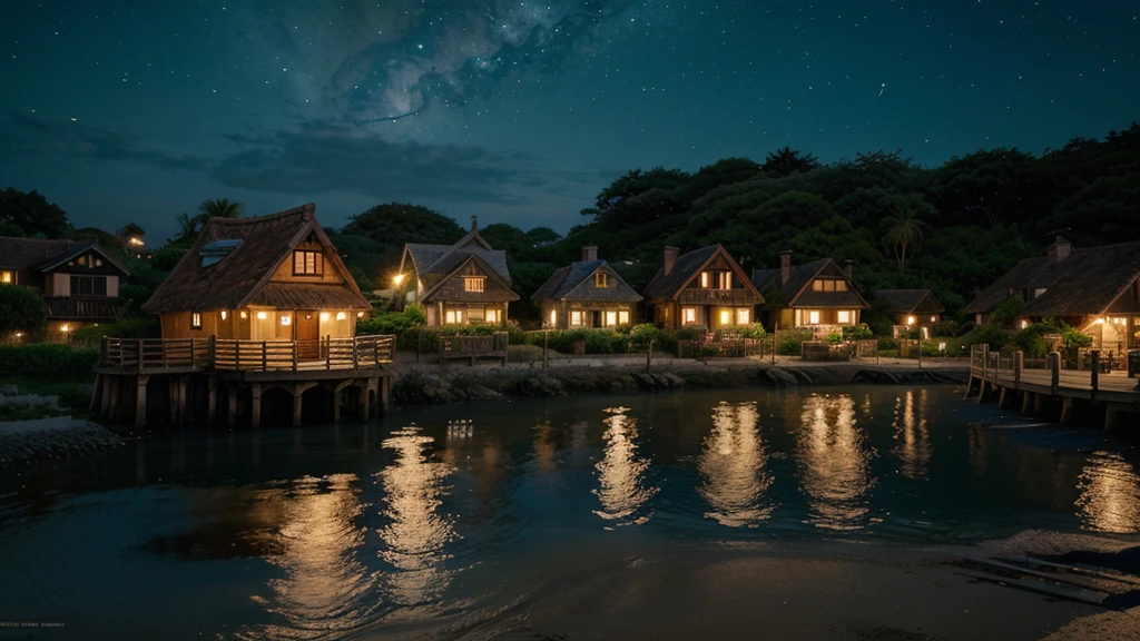 A picturesque village landscape set along a serene seashore, illuminated by a starry night sky. The stars twinkle brightly, creating a magical atmosphere reminiscent of Ghibli Studio's enchanting style. The village houses have warm, glowing lights, and the scene is filled with gentle, whimsical details like softly swaying palm trees, moonlit waves lapping at the shore, and quaint fishing boats bobbing in the water, evoking a sense of wonder and tranquility.