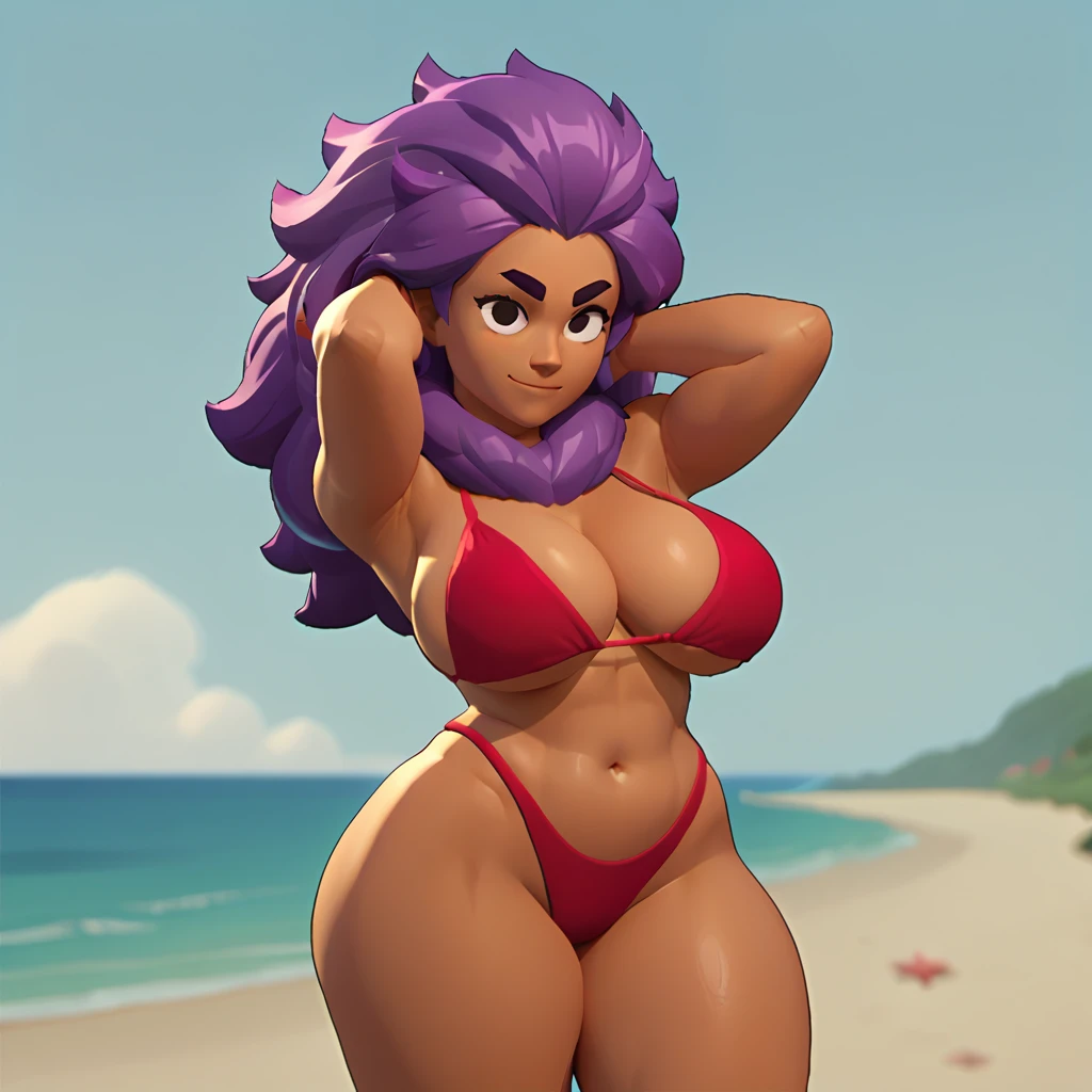 1 girl, woman_only, red bikini, long purple hair, dark skin, black eyes and eyebrows, thick thighs, big breasts, beach, ocean, giant breasts, extra thick thighs, smile, sexy pose, arms behind her neck