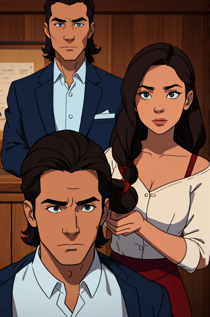 draw a man and a woman, the man is behind her holding her hair