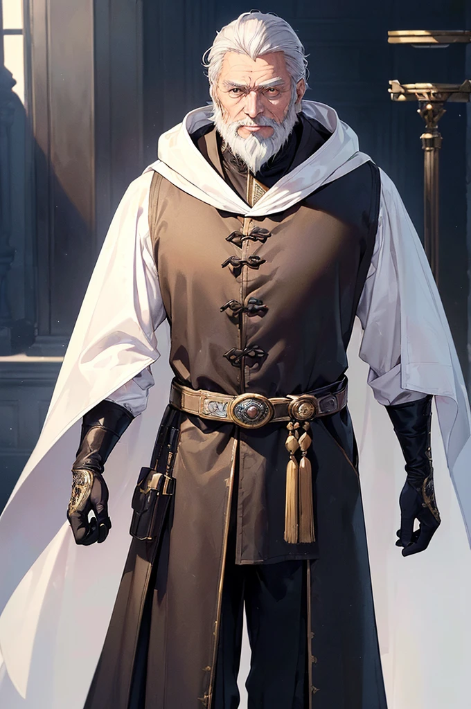 (((masterpiece; best quality: 1.2))), (finely detailed eyes: 1.3), (70 year old man), (solo), (yellow eyes: 1.4), (body; old, fit, masculine: 1.3), (grey hair and beard: 1.3), (beautiful and clear background: 1.2), ((depth of field)), (equipment: wandering mage's robes + elegant + long dark robe + white cloak + black pants + gloves + belt + pouches: 1.3), (anime illustration: 1.2), (background composition; royal garden: 1.1), (extremely fine and beautiful: 1.1), (shot composition; standing + centered on torso + close-up: 1.5), (expression; calm, smile: 1.2)