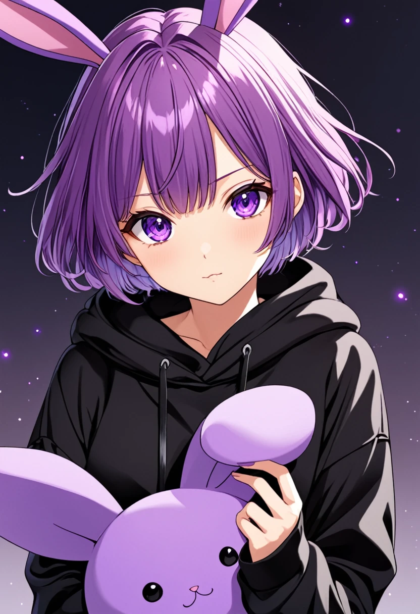  anime girl in black sweatshirt with short purple hair, with big purple bunny ears and purple eyes