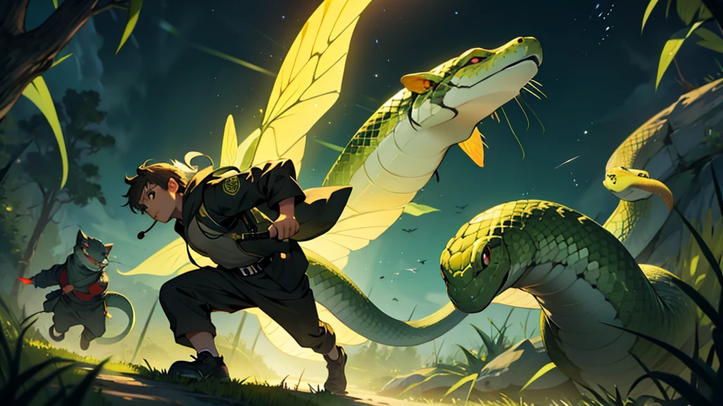 Make an image of a firefly being chased by a snake