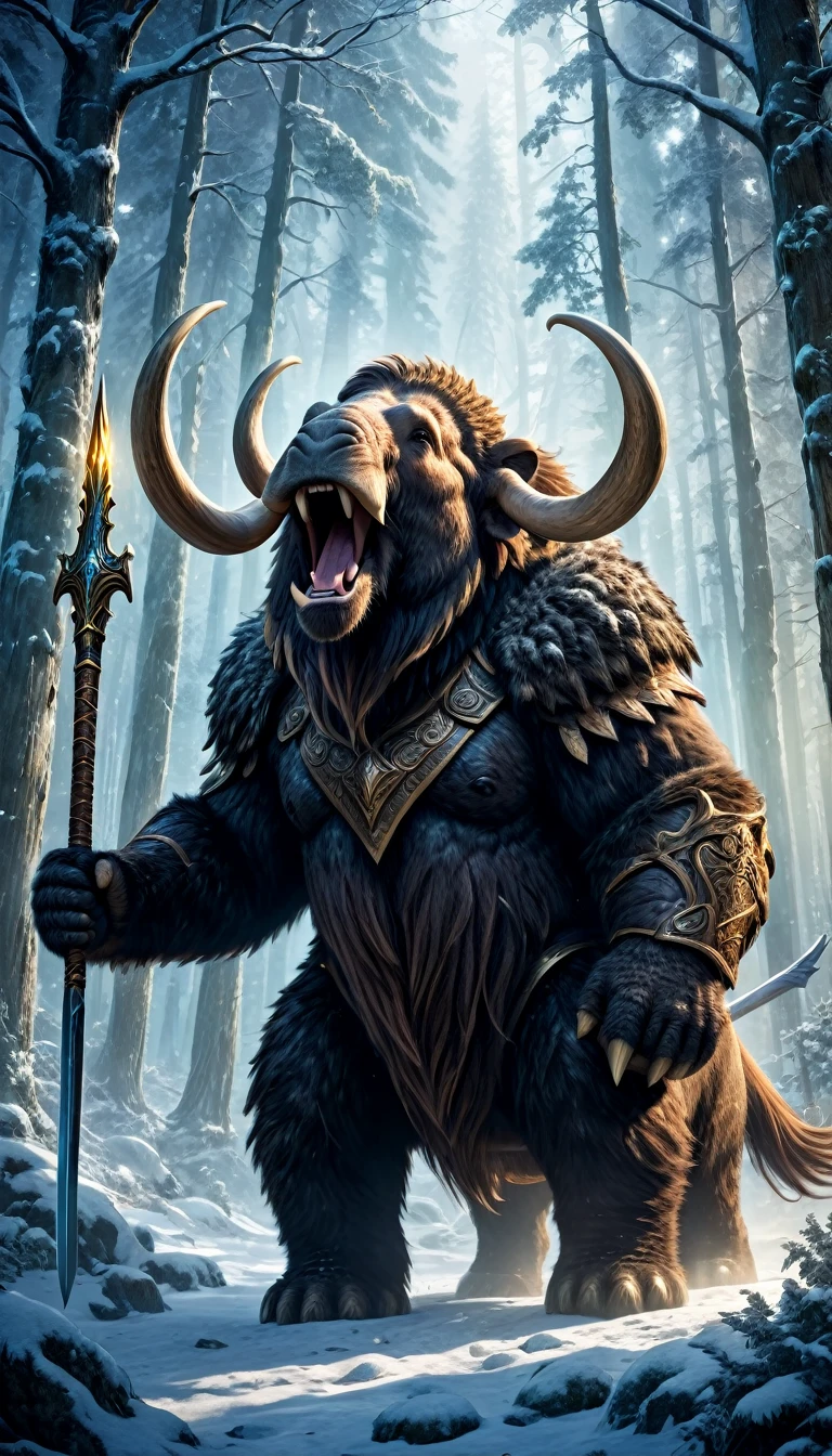 (Best quality, a high resolution:1.2), detailed fur texture, Majestic posture,victory cry, enchanted forest, magic lighting, Epic battle scene, mythical big mammoth, a great warrior, fantasy armor and sword, 