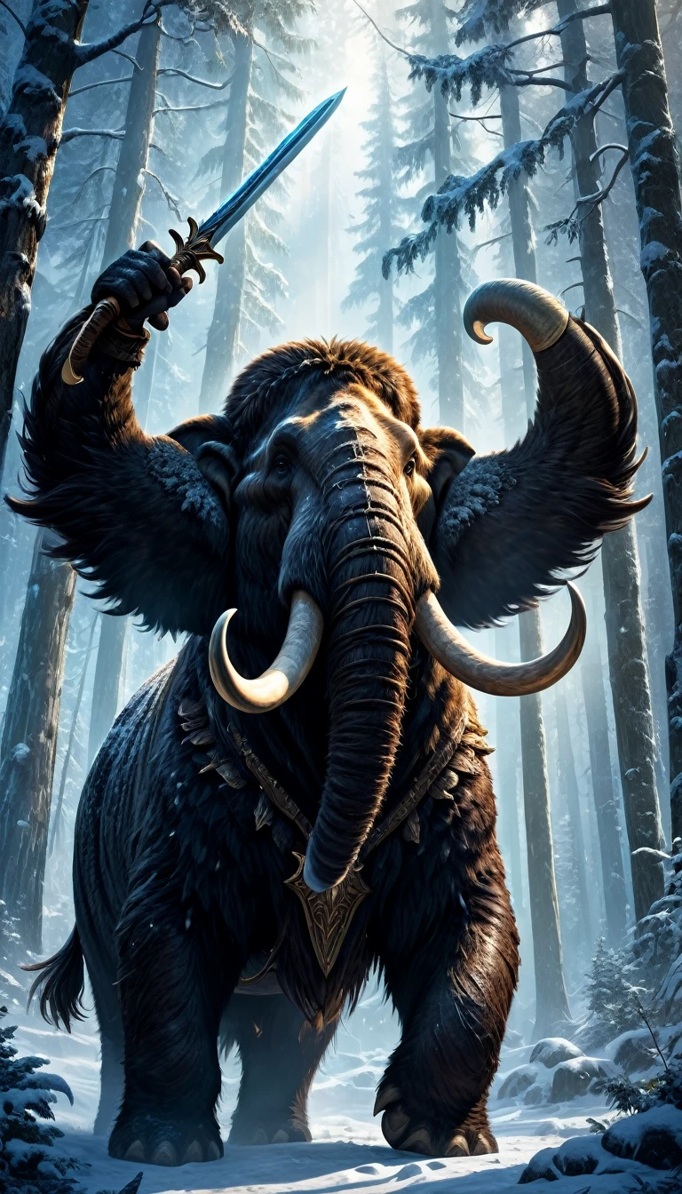 (Best quality, a high resolution:1.2), detailed fur texture, Majestic posture,victory cry, enchanted forest, magic lighting, Epic battle scene, mythical big mammoth, a great warrior, fantasy armor and sword,