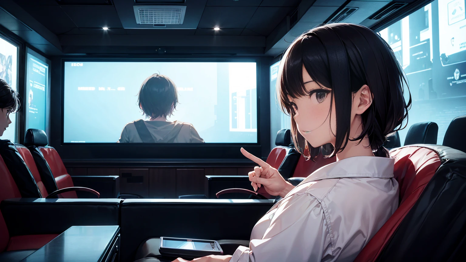In a dark movie theater、A man sitting in the back seat watching a movie、The movie of life is playing on the screen