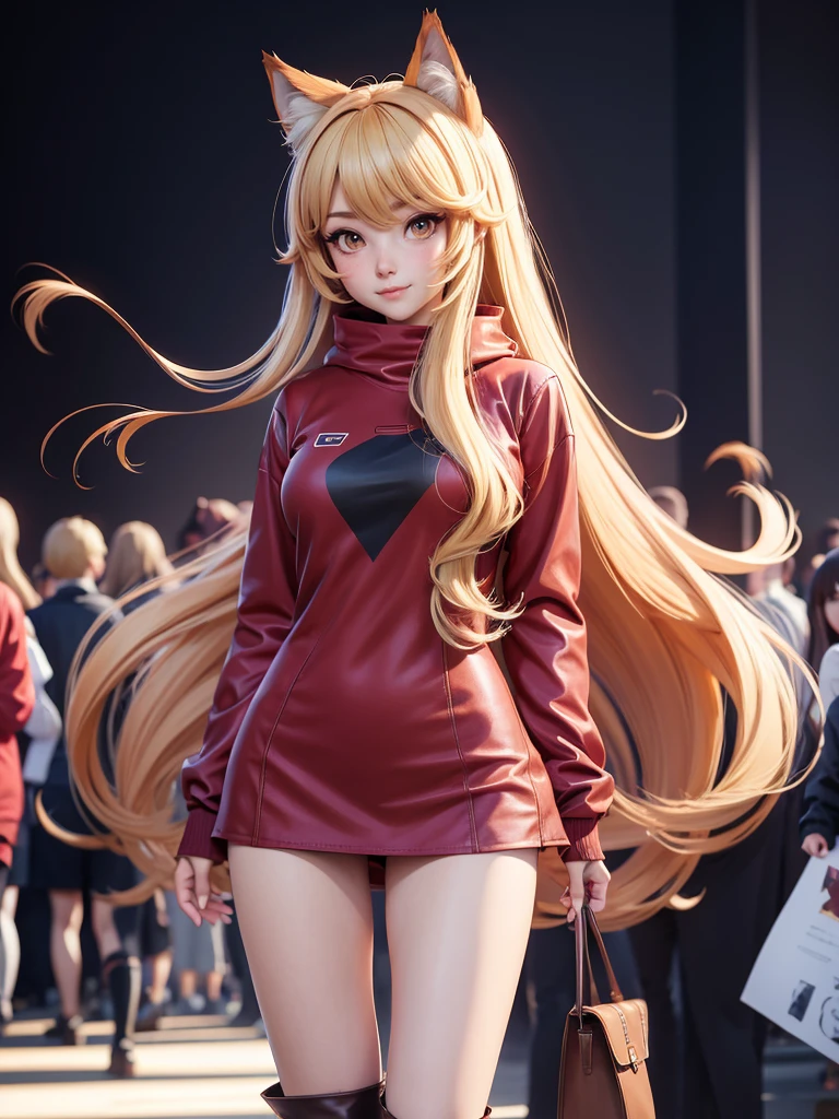 a woman in a long red shirt and boots standing in front of a crowd, asymetrical outfit, beautiful anime catgirl, anime girl with long hair, anime girl, an anime girl, (anime girl), cute anime catgirl, anime catgirl, beautiful anime girl, holo if a wolf girl, holo is a wolf girl, cute anime girl, blonde anime girl with long hair