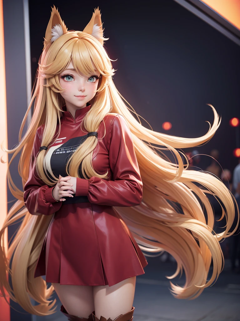 a woman in a long red shirt and boots standing in front of a crowd, asymetrical outfit, beautiful anime catgirl, anime girl with long hair, anime girl, an anime girl, (anime girl), cute anime catgirl, anime catgirl, beautiful anime girl, holo if a wolf girl, holo is a wolf girl, cute anime girl, blonde anime girl with long hair