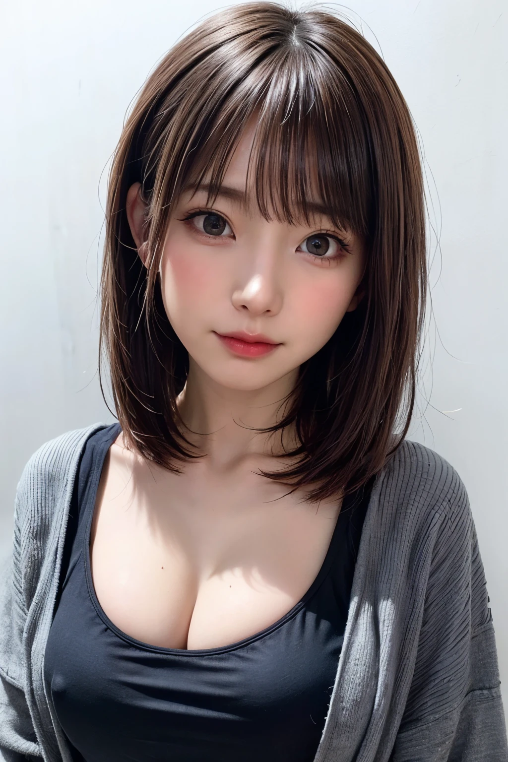 Everything is beautifully detailed:1.6,masterpiece、Highest quality、1 girl, alone, alone focus, Cowboy Shot, Portraiture, Oversized hoodie, Blue and white hoodie, half水彩画, half, ((Black Hair)), (Shiny Hair), (Gradient Hair :1.5), Curly Hair, ((Beautifully drawn delicate eyes)), Very detailedな目, Sunburn, (Dark caramel skin:1.1), Highest quality, Very detailed, White Background, Simple Background、{Huge|big|Hugeな|Mega} chest:2, chestの谷間:2、開けたchest、Perfect Anatomy、Cute Smile、short hair、bangs、Listen carefully、Beautiful long neck