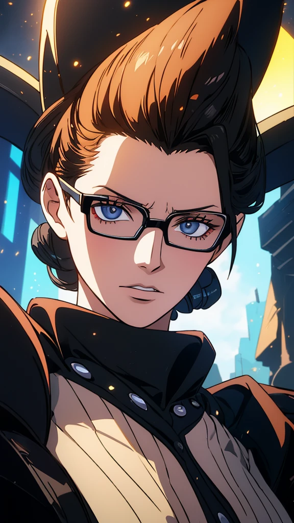 (cyberpunk military scientist:1) (1womanl) dark theme :: concentre-se no rosto closeup, curious face, Rosto de Katee Sackhoff, tall athletic woman futuristic ultra realistic cyberpunk, :: medium brown hair, nerd with futuristic glasses :: inside the cyberpunk office :: eyes browns :: natural lighting :: bokeh :: 8k :: best qualityer :: work of art :: insanely detaileda:1.5