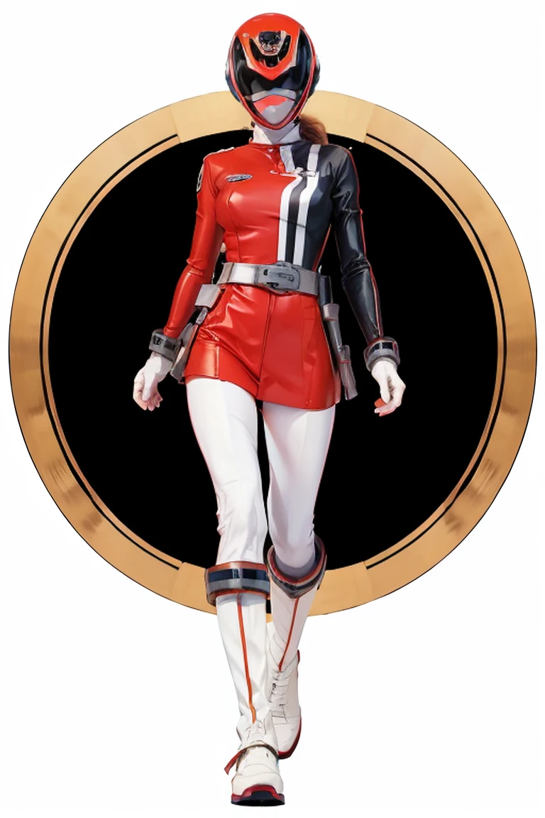 masterpiece, best quality, genny, hairband, red sweater, frilly white skirt, sneakers, standing, looking at viewer power suit, powerranger, suit, spd, (Power ranger suit), gold detail, masked,
