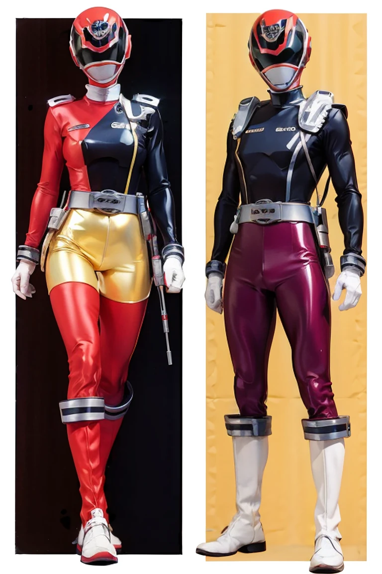 masterpiece, best quality, genny, hairband, red sweater, frilly white skirt, sneakers, standing, looking at viewer power suit, powerranger, suit, spd, (Power ranger suit), gold detail, masked,
