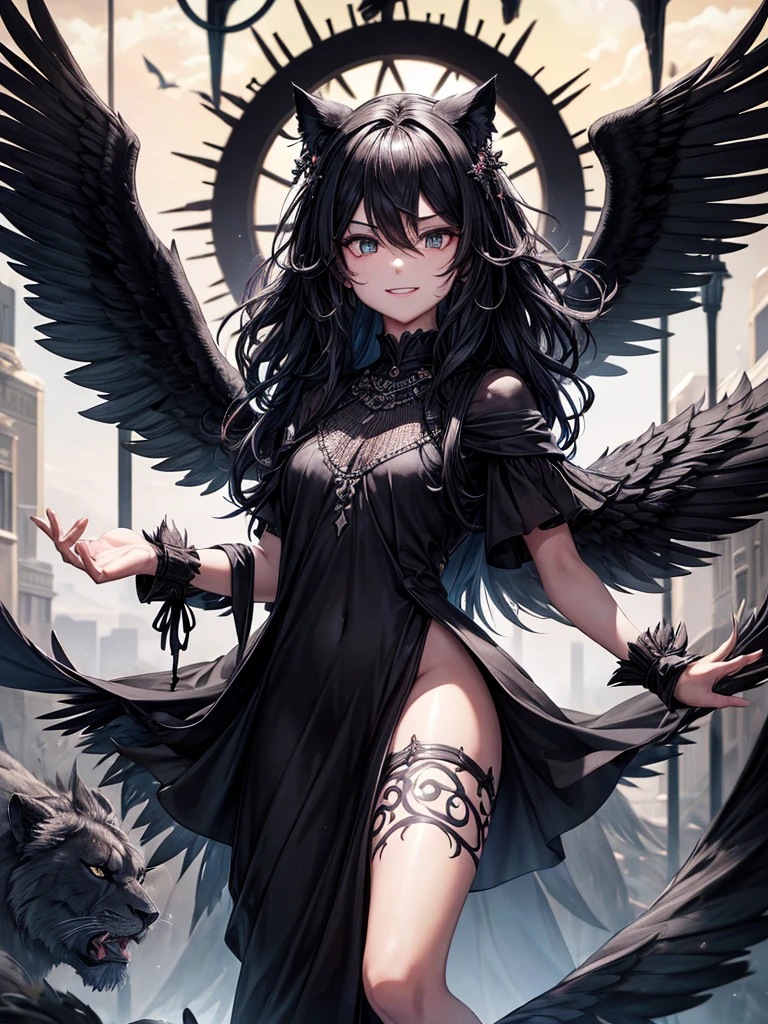 One with black wings and a black fountain full of black feathers behind it has a black fire it has eyes that have a better mouth it is laughing it has two black fire lions