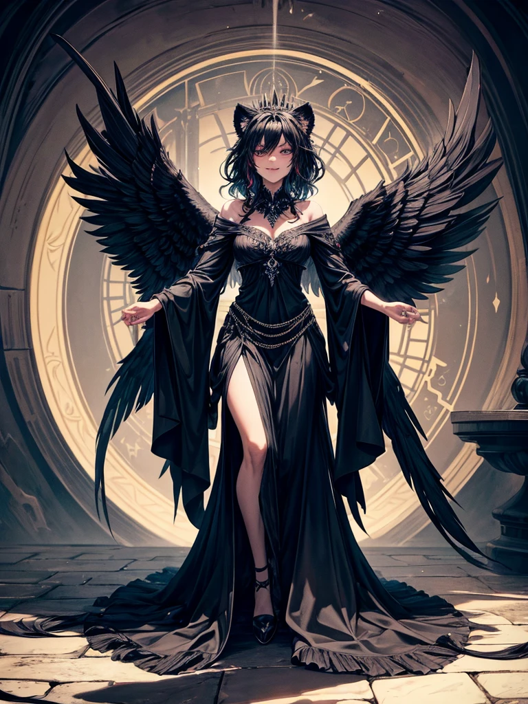 One with black wings and a black fountain full of black feathers behind it has a black fire it has eyes that have a better mouth it is laughing it has two black fire lions