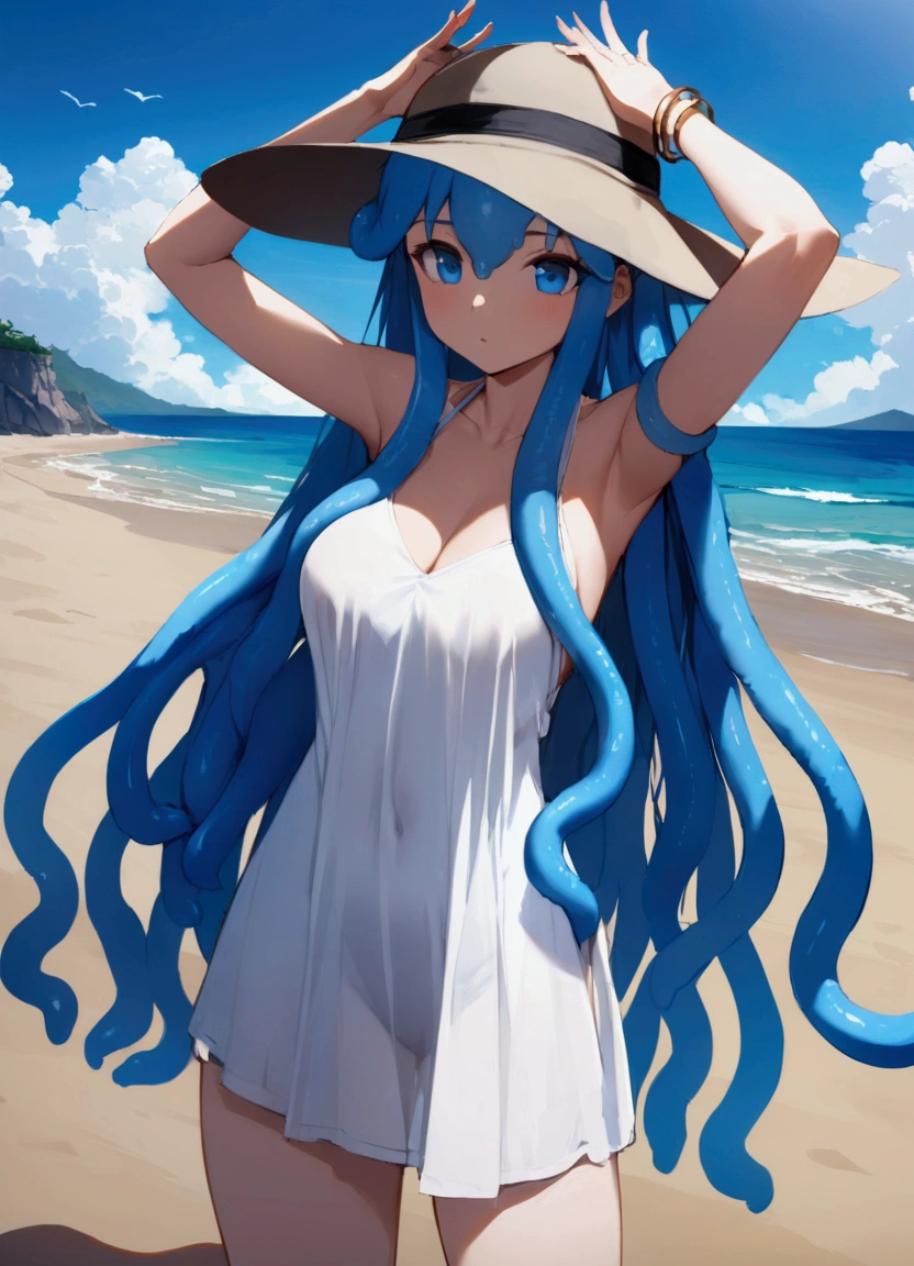 (Ultra-high resolution), (masterpiece), (Attention to detail), (high quality), (最high quality) , th, blue hair, tentacle hair, blue eyes, long hair, hat, bracelet, tentacles, 1 girl, alone, sniper rifle, coastal, Sandy Beach, (Sniper pose),