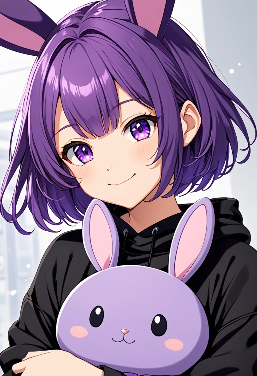 anime girl giving a slight smile and wearing a black sweatshirt with short purple hair, with big purple bunny ears and purple eyes