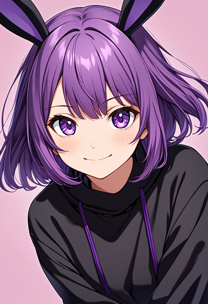 anime girl giving a slight smile and wearing a black sweatshirt with short purple hair, with big purple bunny ears and purple eyes