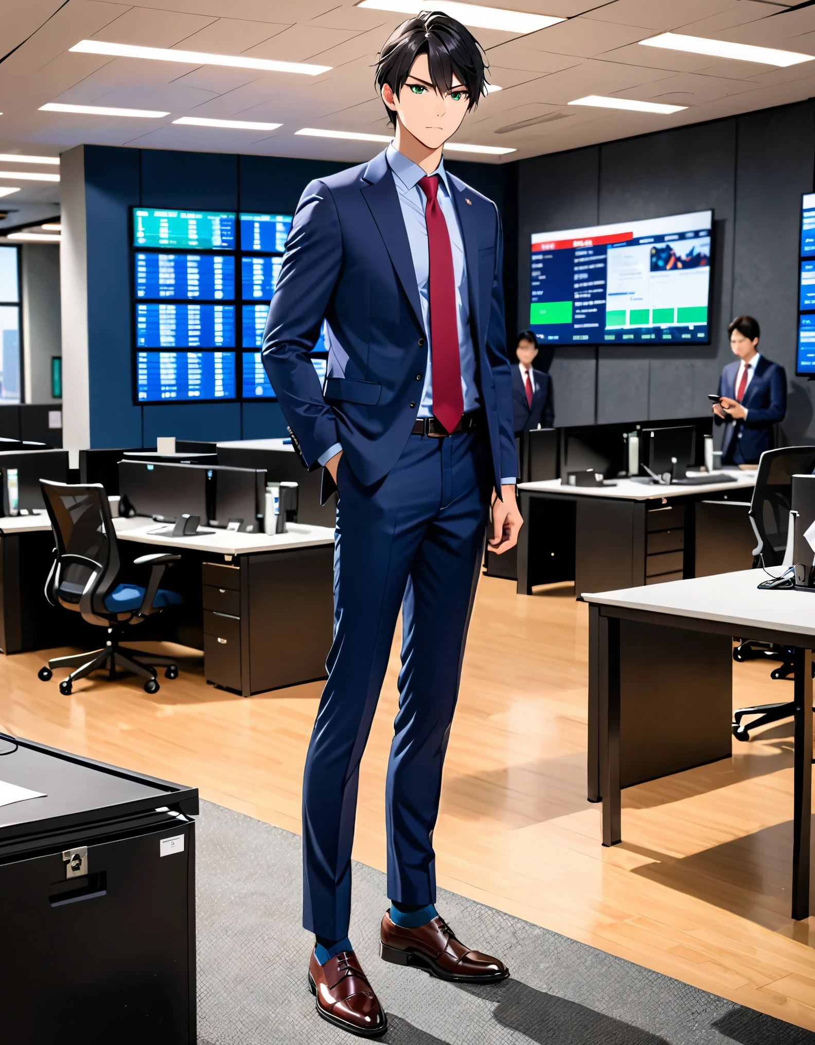 (masterpiece), (best quality), (high res), 1male, male focus, solo, solo focus, serious, black hair, single bang, full body, green eyes, formal, suit, dark blue jacket, red necktie, necktie, dark blue pants, slacks, shirt, hand in pocket, black socks, matching shoes. standing, news office backdrop, reporter, journalist. full body costume design. busy atmosphere. workplace lighting.
