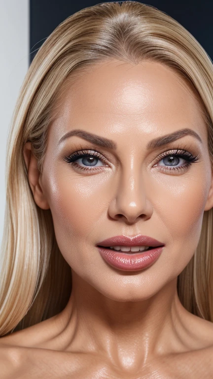 image of face Woman 58 years old blonde lips breasts with silicone 450 ml,extremely high detailed skin,ultra real hd4k,K8,tanned,velvety.appearing hyper realistic real lip pores with tasty glossy lipstick,gostoso,appetizing,biting the tip of the sexy tongue, with perfect white foreheads
