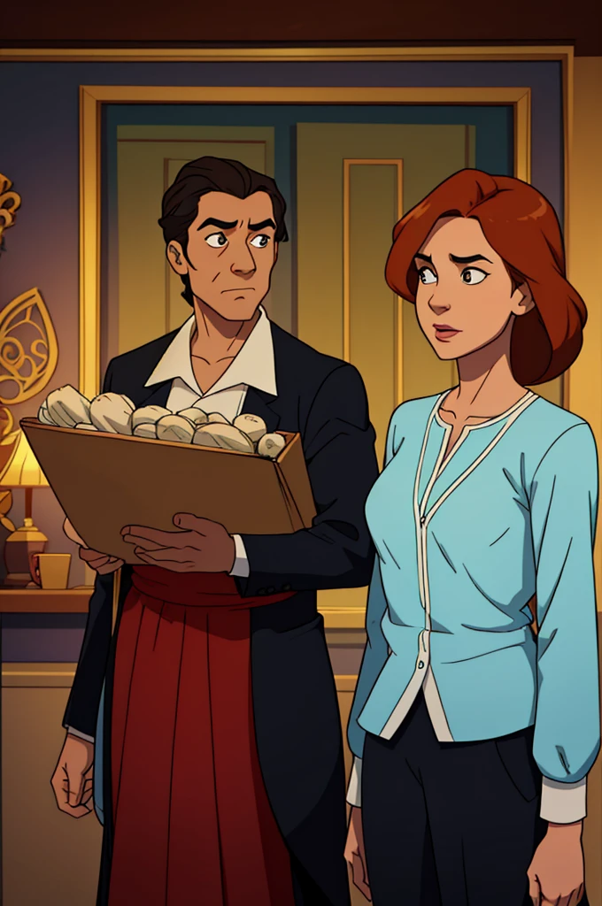 "An illustration of a man and a woman, with the man standing behind the woman and holding her hair. Both characters should be depicted standing, with the woman in front of the man. The style should be a combination of cartoon and caricature, with exaggerated, expressive features. The scene should focus on the interaction between the two characters, with a simple and light background."