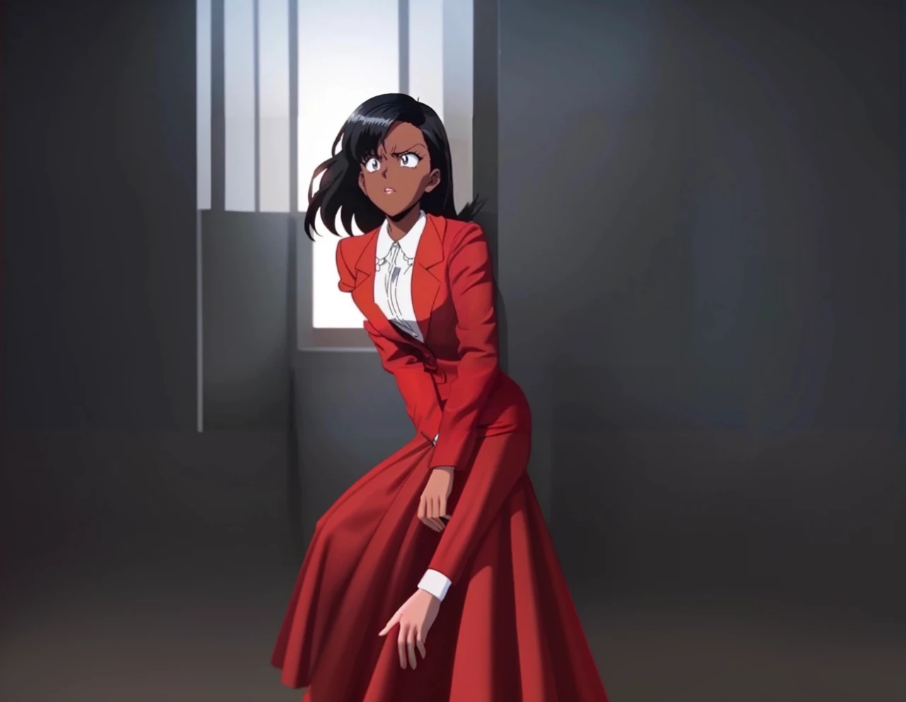 90s anime Evil black skinned business woman in a red suit and red skirt and red heels and long red sleeves
