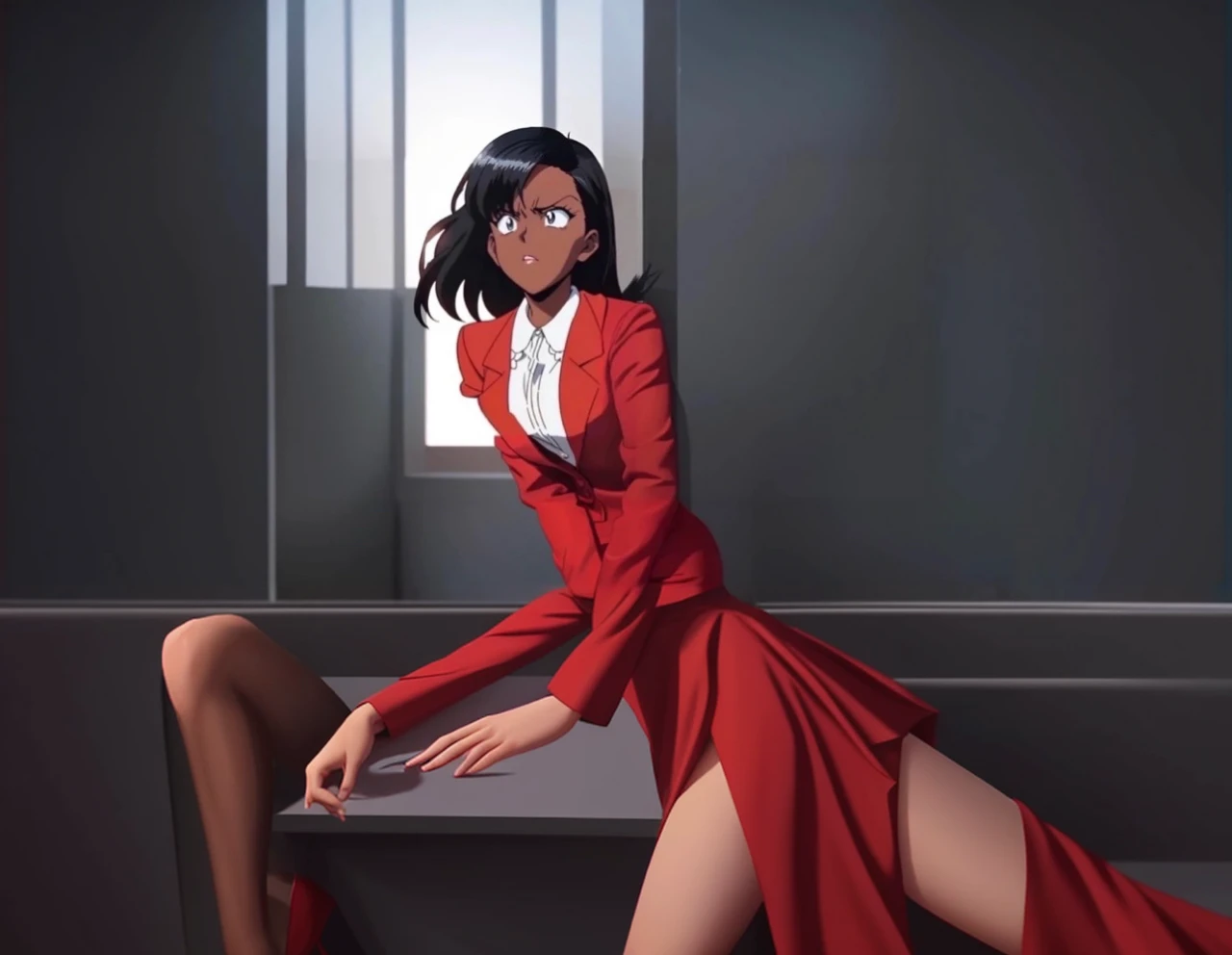 90s anime Evil black skinned business woman in a red suit and  red skirt and red heels and long red sleeves 