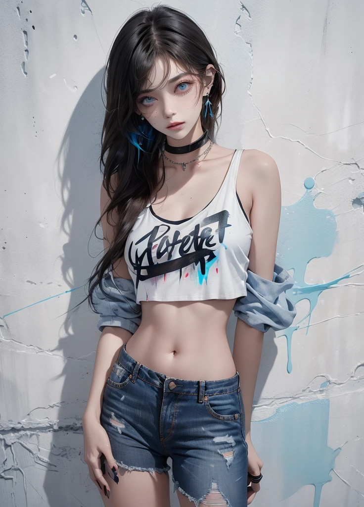 tmasterpiece, Best quality at best, 1 sister, solo, short crop top, denim short, choker necklace, (scribbles:1.5), paint splatter, place one's arms behind one's back, against a wall, looking at viewert, armlets, thigh band, Paint on the body, tilt of the head, having fun, Hair color, Water-colored eyes, earphone,graffiti wall
