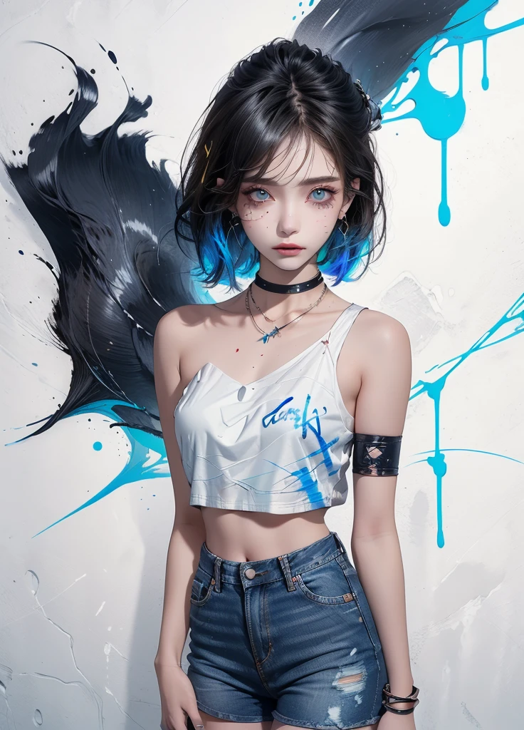 tmasterpiece, Best quality at best, 1 sister, solo, short crop top, denim short, choker necklace, (scribbles:1.5), paint splatter, place one's arms behind one's back, against a wall, looking at viewert, armlets, thigh band, Paint on the body, tilt of the head, having fun, Hair color, Water-colored eyes, earphone,graffiti wall