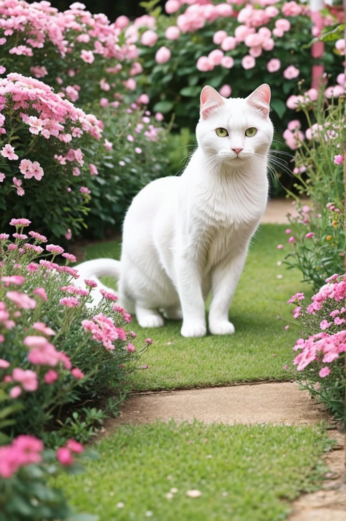 A cute white cat in the middle of a garden full of pink flowers