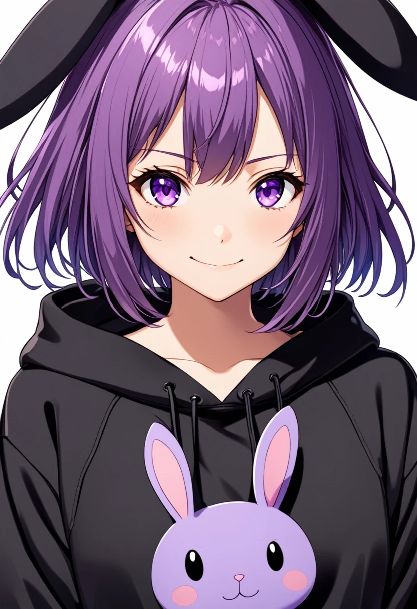 anime girl giving a slight smile and wearing a black sweatshirt with short purple hair, with large, very visible purple rabbit ears and purple eyes