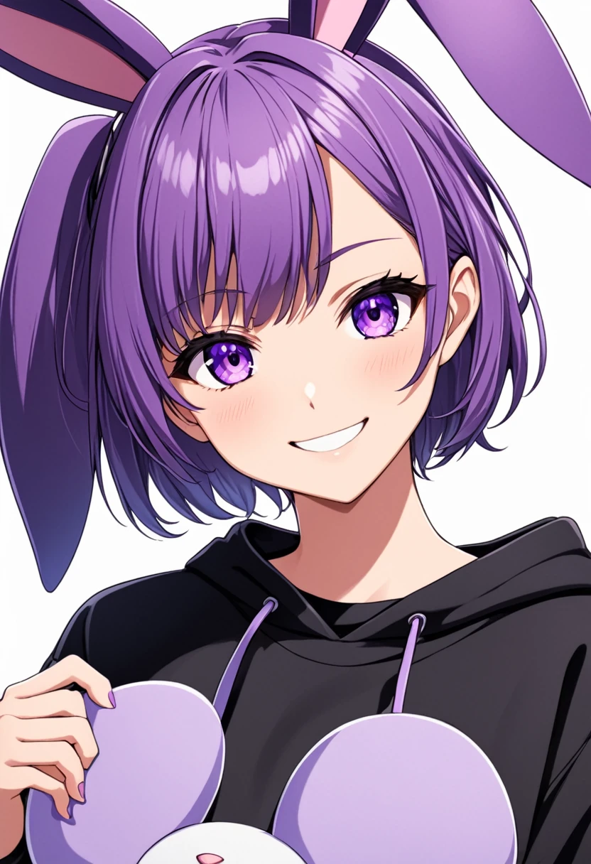  anime girl giving a slight smile and wearing a black sweatshirt with short purple hair, with large, very visible purple rabbit ears and purple eyes