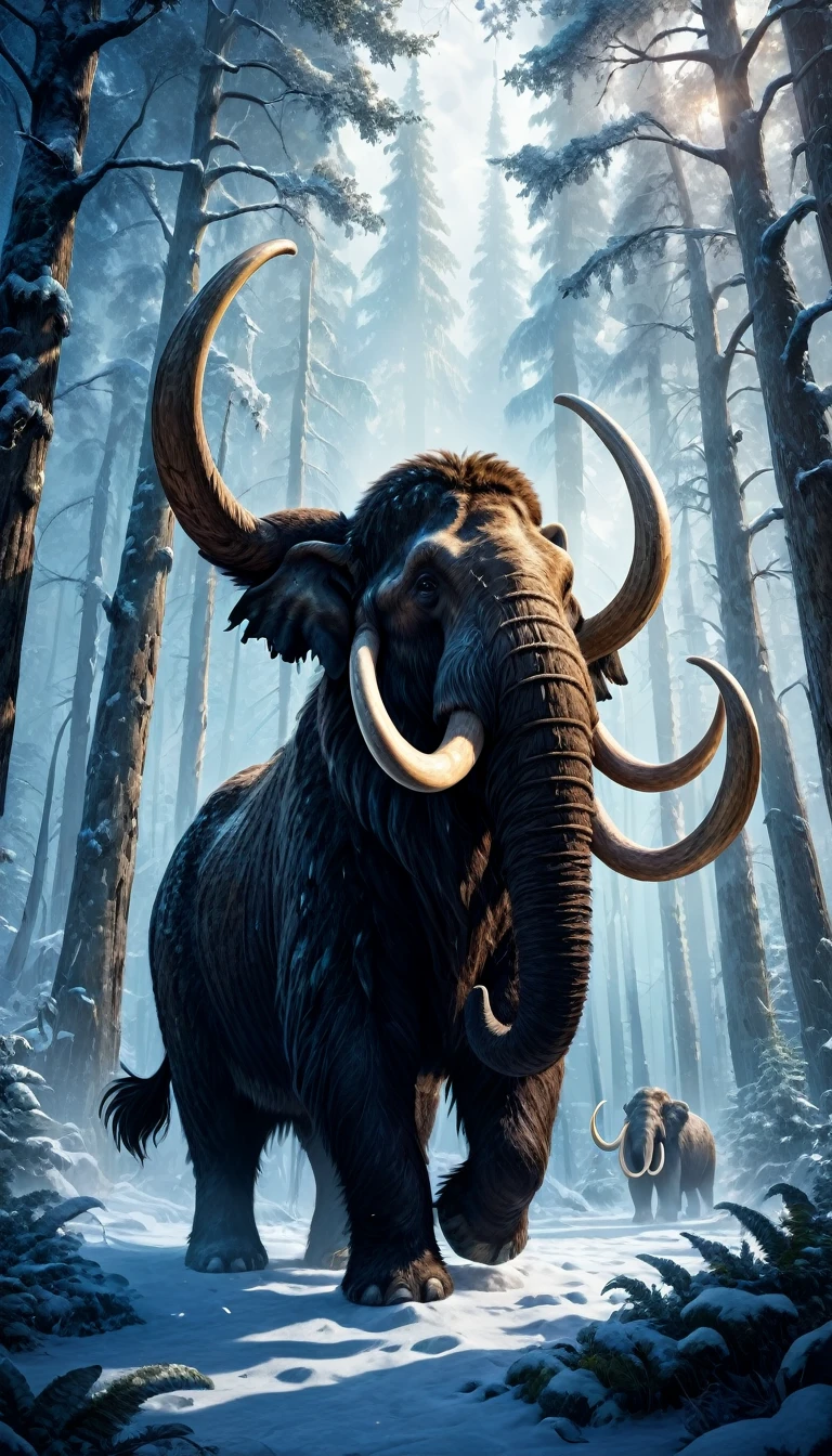 (Best quality, a high resolution:1.2), detailed fur texture, Majestic posture,victory cry, enchanted forest, magic lighting, Epic battle scene, mythical big mammoth,